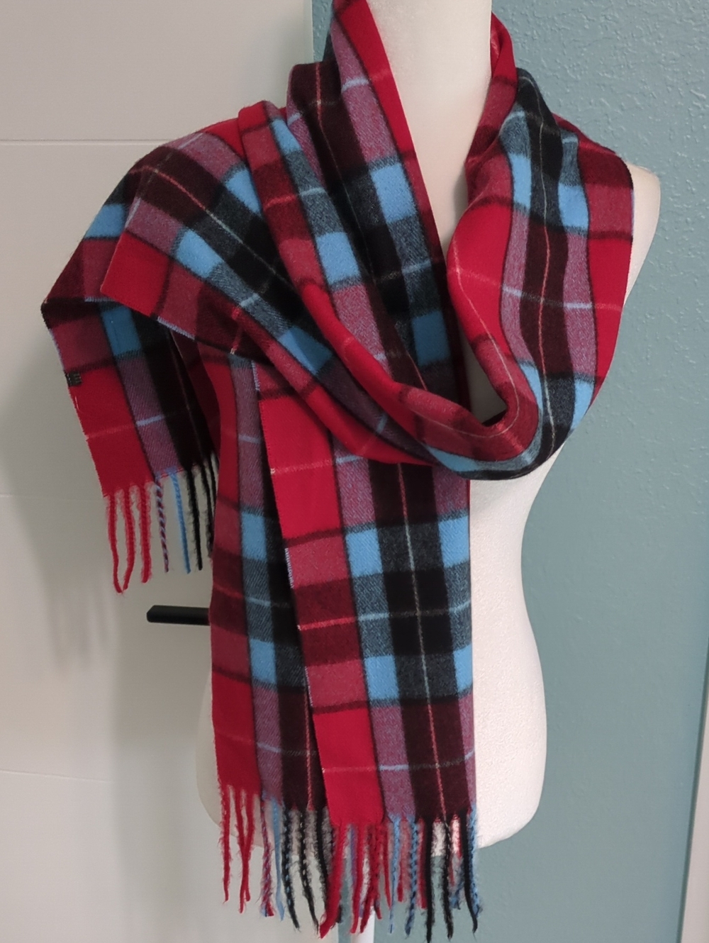 House Of Tweed Scotland Plaid Fringe Scarf in Red, Blue & Black Soft Cozy